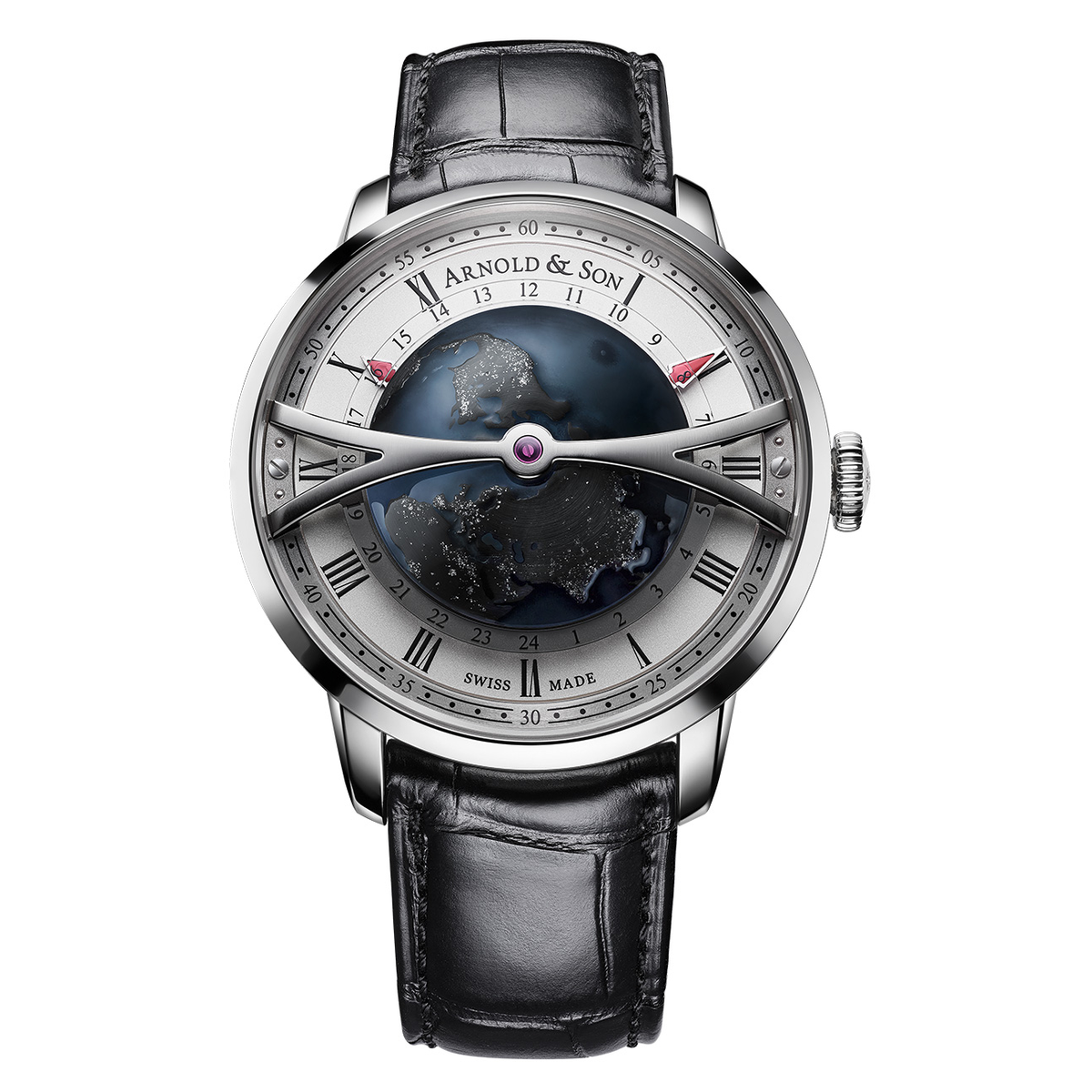 Arnold & Son Globetrotter Night – This watch is a world timer with a half-globe sculpted and lacquered to depict continents, oceans and the lights of cities at night in the northern hemisphere.