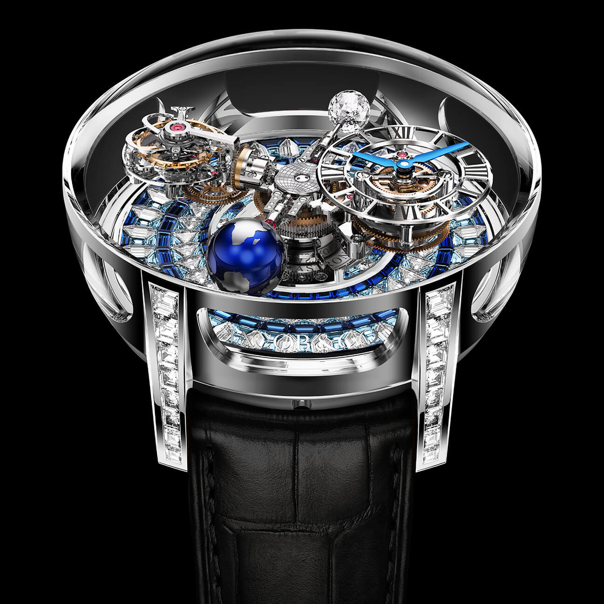Jacob & Co. Astronomia 3-D Setting, montre sertie pour 15,44 carats de diamants et de saphirs.