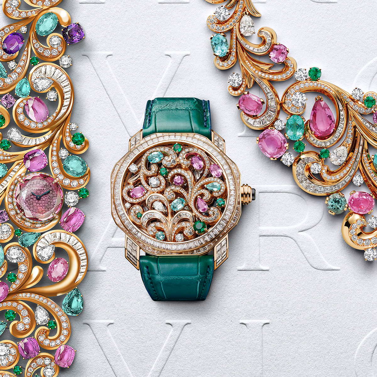 Lady Arabesque Secret Watch, Lady Arabesque necklace and Octo Roma Arabesque watch © Bulgari