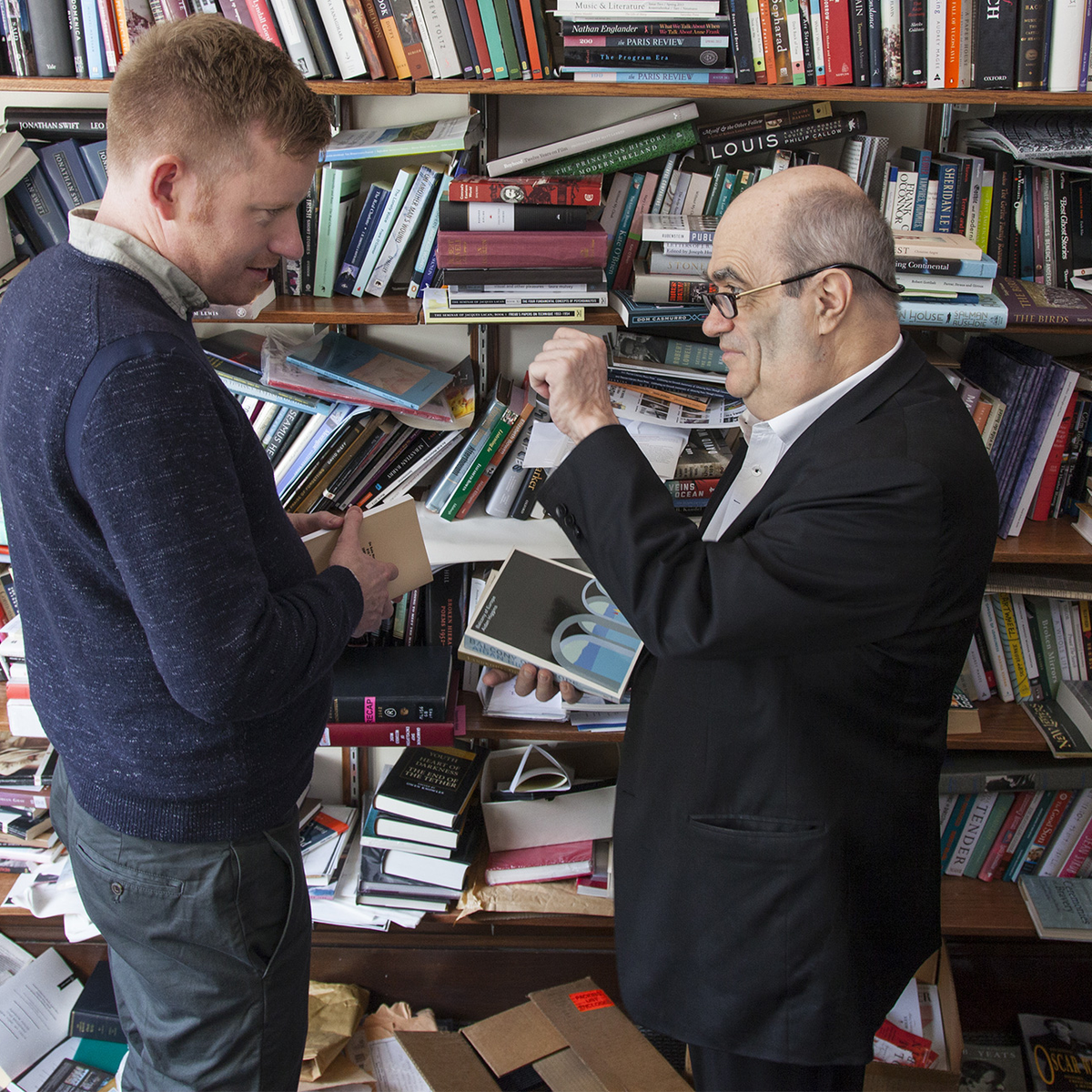 Colm Toibin, mentor in literature, with his protégé Colin Barrett in Toibin's office at Columbia University