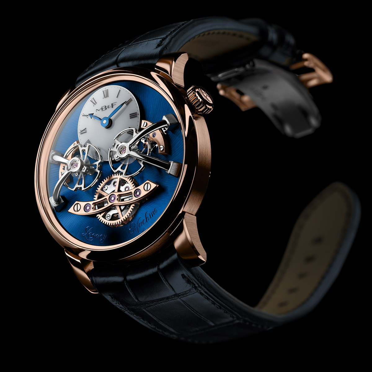 MB&F Red Gold Blue Legacy Machine No.2 - The signature dual flying balances and white lacquered hour and minute subdial are raised over a rich blue sunburst dial plate, encased in 18k red gold.