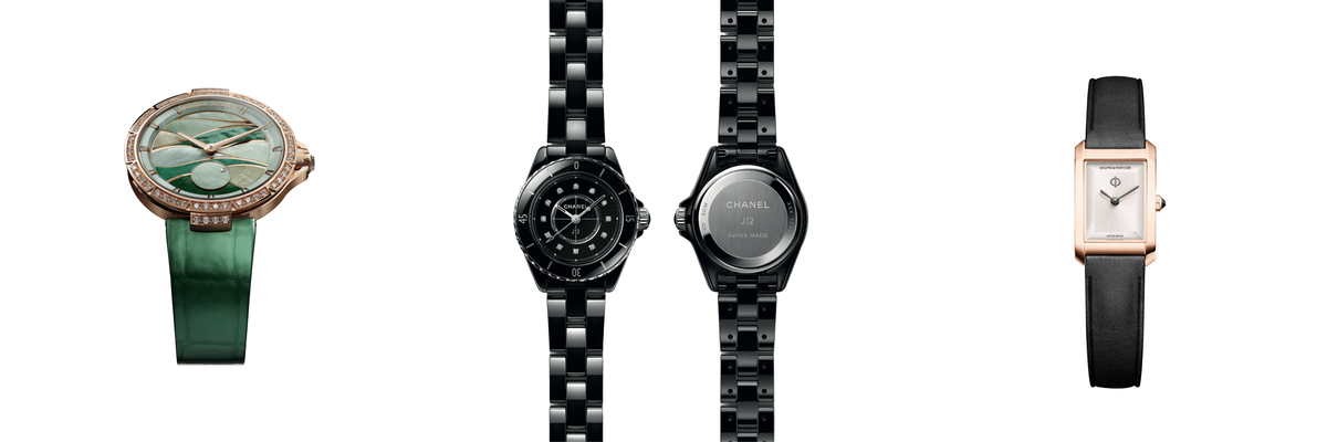 From left to right: Roger Dubuis Excalibur Lady of the Lake, Chanel J12 28 mm and Baume & Mercier Hampton