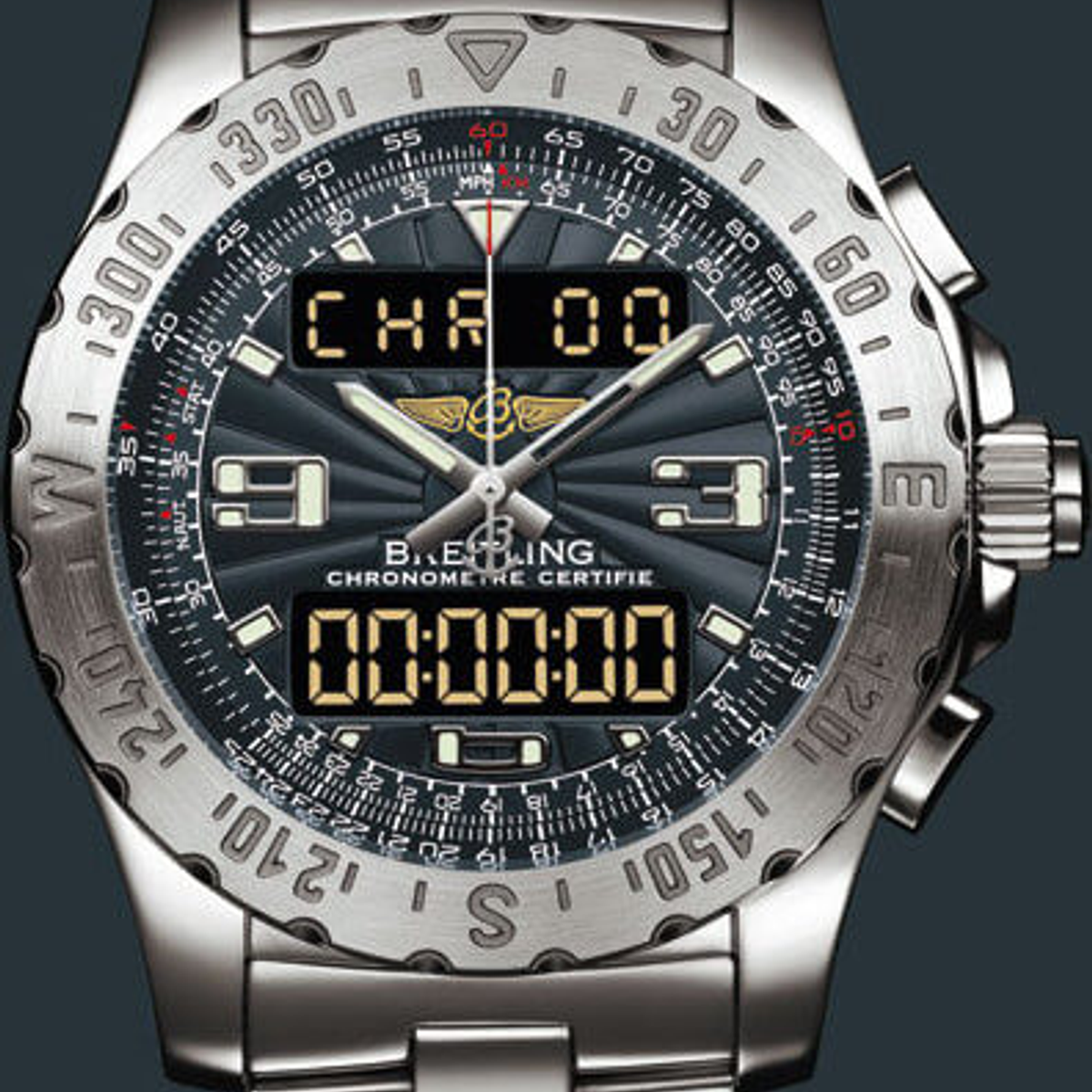 Modèle plus récent, l'Airwolf est équipé du mouvement SuperQuartz, spécialement développé par Breitling, dont les fonctions incluent un compte à rebours ©Breitling